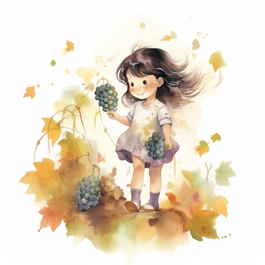 Little girl with black hair, front and half, picking grapes in a vineyard, a few leaves floating in the little girl's hair falling down, soft lighting, watercolor clip art, clear focus