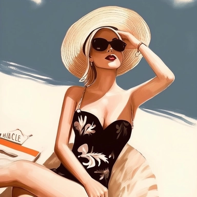 portrait view, full view, clipart illustration, beautiful lady sunbathing on beach, exact image, sharp focus, high detail, (--iw 5)