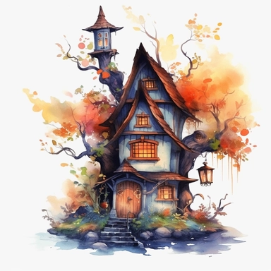 watercolor witch house, on a tree, flowers around, mystic, vintage style witch house, super high quality, professional watercolor clipart, high resolution, clip art, animals on the sides