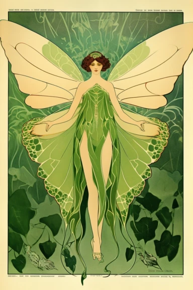 Vintage 1920 Symmetrical Fully Clothed Female Fairy with Large green Wings on its back Illustration, Chromolithograph, 1920s Illustration, Vintage, Antique, Ephemera, Clipart, 8k, on a vintage magazine cover