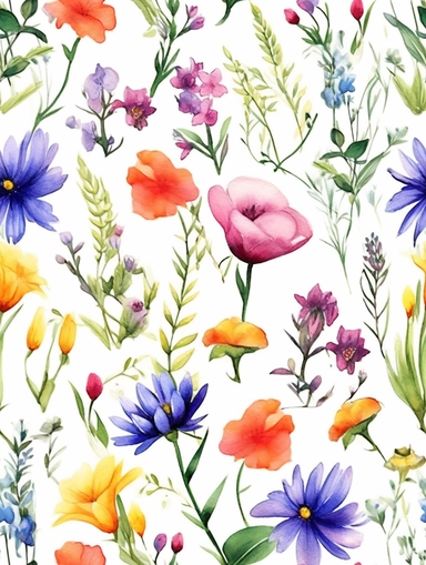 flora, flowers, Watercolor, vector, white background, clipart, Seamless patterns, repeating patterns design, flat illustration, outlined , Vector, 4K, Art station, digital print, highly detailed clean, A detailed illustration a field,3D vector art, cute and quirky, fantasy art, watercolor effect, bokeh, Adobe Illustrator, hand-drawn, digital painting, low-poly, soft lighting, bird's-eye view, isometric style, retro aesthetic, focused on the character, 4K resolution, vector image, photorealistic 