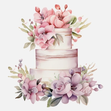 wedding cake, wedding decor, flowers, cliparts, pastel colors, watercolor style, no background