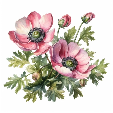 Bouquete of pink anemones with greenery and buds, isolated on the white background in the style of Billy Showell, watercolor illustration, highly detailed, very sharp detailed image, clipart, hd