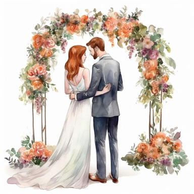 bride and groom at the altar, watercolor clipart with white background, romance, flowers