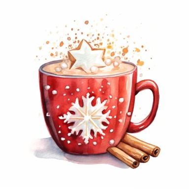 watercolor clipart of a cute cup of hot chocolate in a red mug, sparkles, winter wonderland vibes, isolated on white background