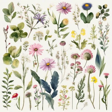 Meadow Wild Flower Watercolor Clipart, Botanical Wild Flowers Clipart, individual elements