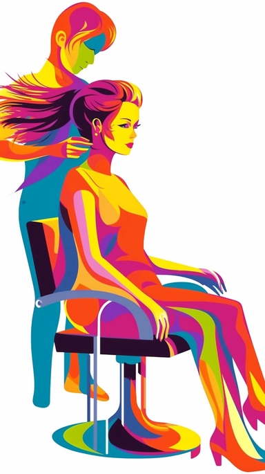 Bright Colorful Clip Art for Female Hairdresser apaplying foil treatment to customer who is seated in Beauty Technician chair, 2D, Vector, Flat separated on white background