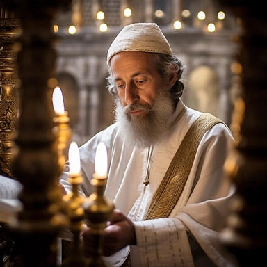 professional close-up photo taken from above when a 50-years-old (grey-bearded) Jewish kohen in classic white abaya is reading (Torah scrolls) in the Temple of the (ancient) Jerusalem in the time of Jesus, unscrolled scroll, gold ornaments on walls, menorahs, focal length 200mm, Canon, real photo, hyper realistic, high quality, high detailed, Realistic, 4k, 8k, ultra detailed, cinematic lighting, natural blur, photorealism, cinematic rendering, ray tracing, highest quality, highest detail, Cinem