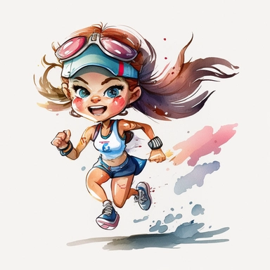 a watercolor painting of chibi Triathlete girl running, wearing a triathlon gear, with athletic outfits, full body, smiling, Sport graphics, action clipart, 8k, watercolor, light colors, isolated on white background, 3d