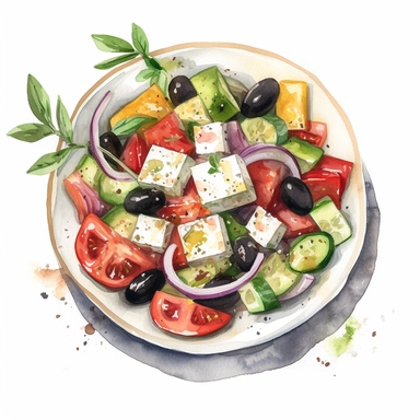 top view, isolated greek salad with big chunks of tomatoes, green peppers, black olives, cucumber, red onion and a full block of feta cheese on top sprinkled with oregano on white background, watercolor Clipart , high quality intricate detailed illustrations delicate pencil texture, dotted texture, muted colors, panasonic lumix s pro 50mm f/ 1. 4, rough clusters, strong use of contrast