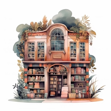 Bookstore,cute bookstor,muted colors,clipart on a white background, an illustration of by Annabel Kidston, shutterstock contest winner, generative art, detailed painting, digital illustration,photoillustration isolated on white background, digital watercolor,dark outline,high quality,8k