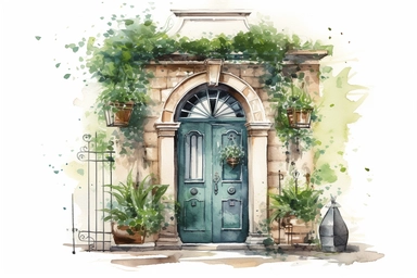 interior design scene, watercolor and ink style, boho green front door with plants, clipart on plain white background, nature vibes, super high detail ultra precision 16k HD, clean crisp brushwork, painted by Beatrix Potter