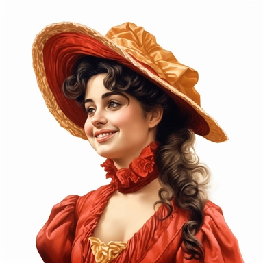 beautiful victorian persian lady, looking left, victorian hairstyle, victorian hat, Victorian era clothing, beatiful smile, realistic inverted portrait white background, high quality, hyper-realistic, Victorian Lady Clipart,red and yellow colors