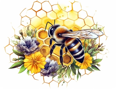 summer illustration of bee and honey combs and flowers, in watercolor styles, bright colors, white background Sublimation Clipart, hyper realistic, intricate detail, illustration style, high solution, on the white background