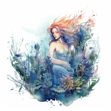An underwater style over realistic beautiful mermaid in the sea with watercolor effect,sea plants,coral and mussel,underwater details,random colorfull fishes,blue color,fade colors,suitable for digital clipart,white background no physical deformation , realistic features,full body,fantasy scene