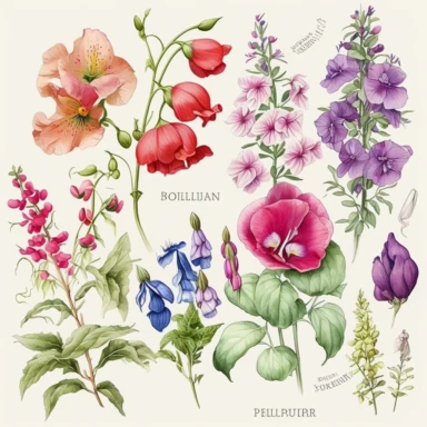 summer flower clipart, Sweet peas, Nasturtiums, Snapdragons, Impatiens, Honeysuckle, Fuchsia, Delphiniums, Iris, Peonies. must look like it was hand drawn by water colour.