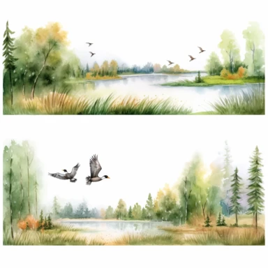 watercolor hunting scene in forest or fields with lake in vicinity where bird flocks take off in numbers , illustrations clipart set, simple, , cartoon elements ,different variants , natural elements, separate elements with a margin, ,4k, high resolution, , natural colors, vibrant green tones, birds,