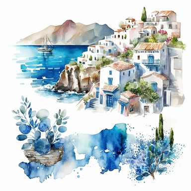 beautiful watercolor clipart of a Mediterranean scene with white village houses and the seascape, summer blue and white, compositions on an isolated white background. Bright landscapes illustrations, highly detailed