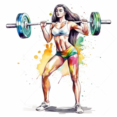 Detailed illustration of a beautiful young bodybuilding woman lifting barbell, long hair, showing abs, wearing shorts, full body, lean and muscular, clipart, colorful hand drawing, on a white background, unframed