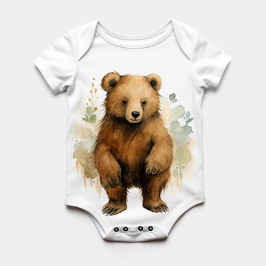 little baby, brown bear,neutral nursery art,cute bear, baby clothes, cotton clothes,intricate,disney, baby light green,baby light blue, baby light ocher,hairy, cotton, beautiful trees,enchanted Forest,realism, watercolor painting, enchanted Forest, solid background, white background, vintage outfit, oil painting, photobashing, tattoo design,clipart--v 5