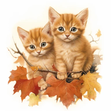 autumn themed abyssinian kittens, vintage clip art