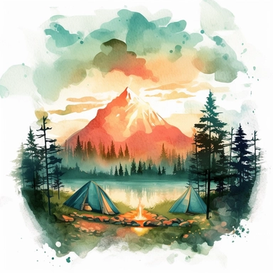 white background,retro matt watercolor,HD day camp with a sun over the mountains and trees,maybe a lake,in the style of vibrant illustration,baroque chiaroscuro drama,multilayered realism,tonalist skies,detailed campsite,fantasy realism,colorful,clipart
