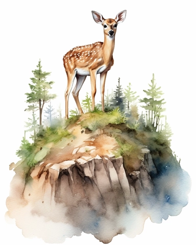 detailed watercolor fawn on a hill, 8k, hyper realistic, isolated on a white background, clipart