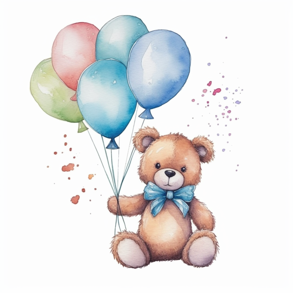 Watercolor Cute Teddy Bear Holding ballons Cliparts,minimalist ...