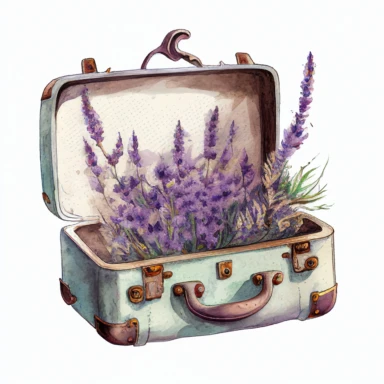 clipart watercolor detailed realistic, white background. old suitcase is open, lilac color. inside there is a lot of lavender flowers