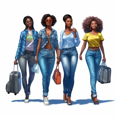 Clipart, four curvy African American woman smiling, all in t shirts and blue jeans with suit cases walking together through the airport, colorful background, hyper realistic, well rendered, cinematic, - - v 5