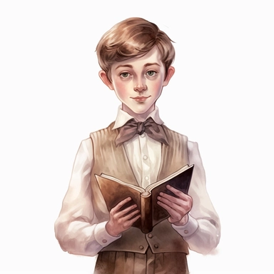 a watercolor of a realistic boy holding a book at his chest, victorian style, vector free clipart illustration, in the style of unreal engine 5, 32k uhd, detailed features, white background