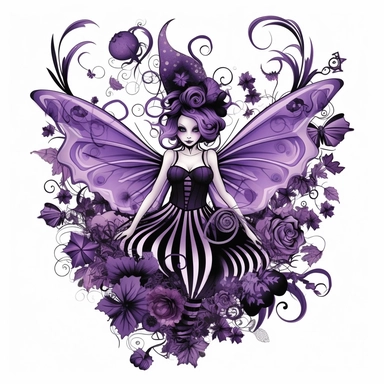 Halloween fairy, clipart, purple , black white stripes, bats, isolated on white background, in the style of Amy Brown, beautiful fall floral, bright color, crisp lines, chaos 8