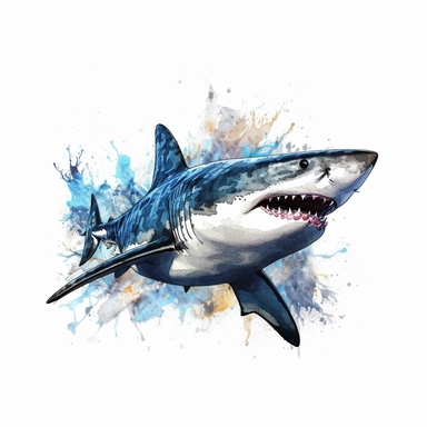 A big overrealistic great white shark with watercolor effect,coral reefs,deep water,dark water scene,suitable for digital clipart,white background