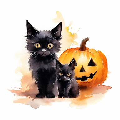 Clipart, watercolor, white background: A Halloween kitten with a black cat silhouette on its fur, representing the folklore and superstitions associated with black cats during Halloween.