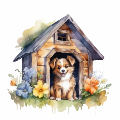 watercolor cute dog house clipart on a white background