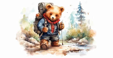 Adorable teddy bear on adventure, camping gear, forest, clipart, vivid colours, ornamental watercolor, white background, I can’t believe how beautiful this is