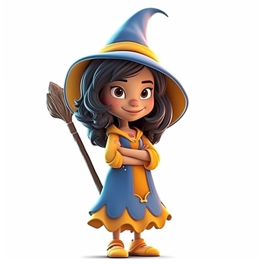 cute semi-realistic 3d Brazilian girl wizard clipart, isolated on white background