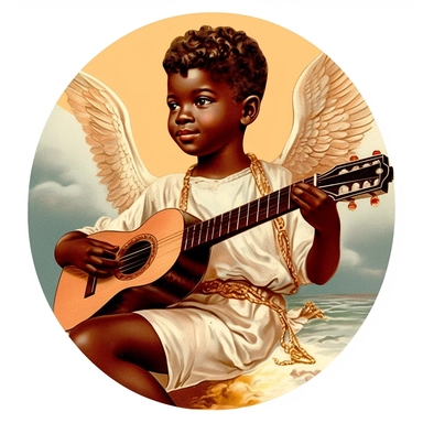 Vintage 1920 Portrait Shot View Of a black child with Angel Wings playing a Guitar musical instrument Illustration , in the style of late 19th century, Chromolithograph, 1920s Illustration, Vintage, Chromolithograph, Colorful, Antique, Ephemera, Clipart, 8k, Isolated on white