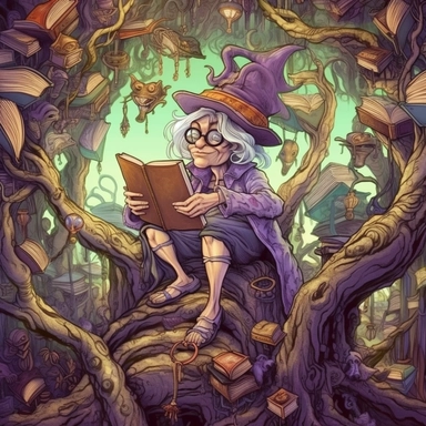 COMIC/CARTOON fantasy magical wacky witch reading books in a huge tree,large eyeglasses, hats, muted colors, swirls, twists, twirls, metallic, glitter, stylized, funny, centered, airbrushed, digital oil, detailed illustration, clip art, cartoon, 8k, ar 9:8