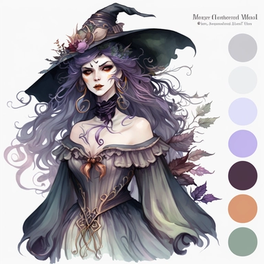 Clipart, beautifull witch, in watercolor, in the style of artgerm, soft and dreamy tones of pastel colors, detailed costumes and fashion, sheet film, uhd image, free brushwork, transparent/translucent medium, Nita Engle, Anne Kullberg, Yee Chong, Larissa Ria Loomans, charming character illustrations, white solid background