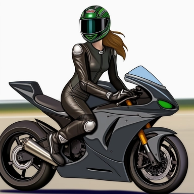 Sticker, clipart,Girl in a very high detail full leather racing suit on green chrome sportbike, contour, vector, white background, white outline,circle frame.