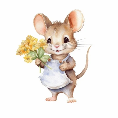 a standing baby mouse with cute big eyes, beatrix potter style, holding a flower, happy smiling face, cute animal, adorable, playful atitude, adorable watercolor animal clipart with a few plant and flowers decor, no background, high quality