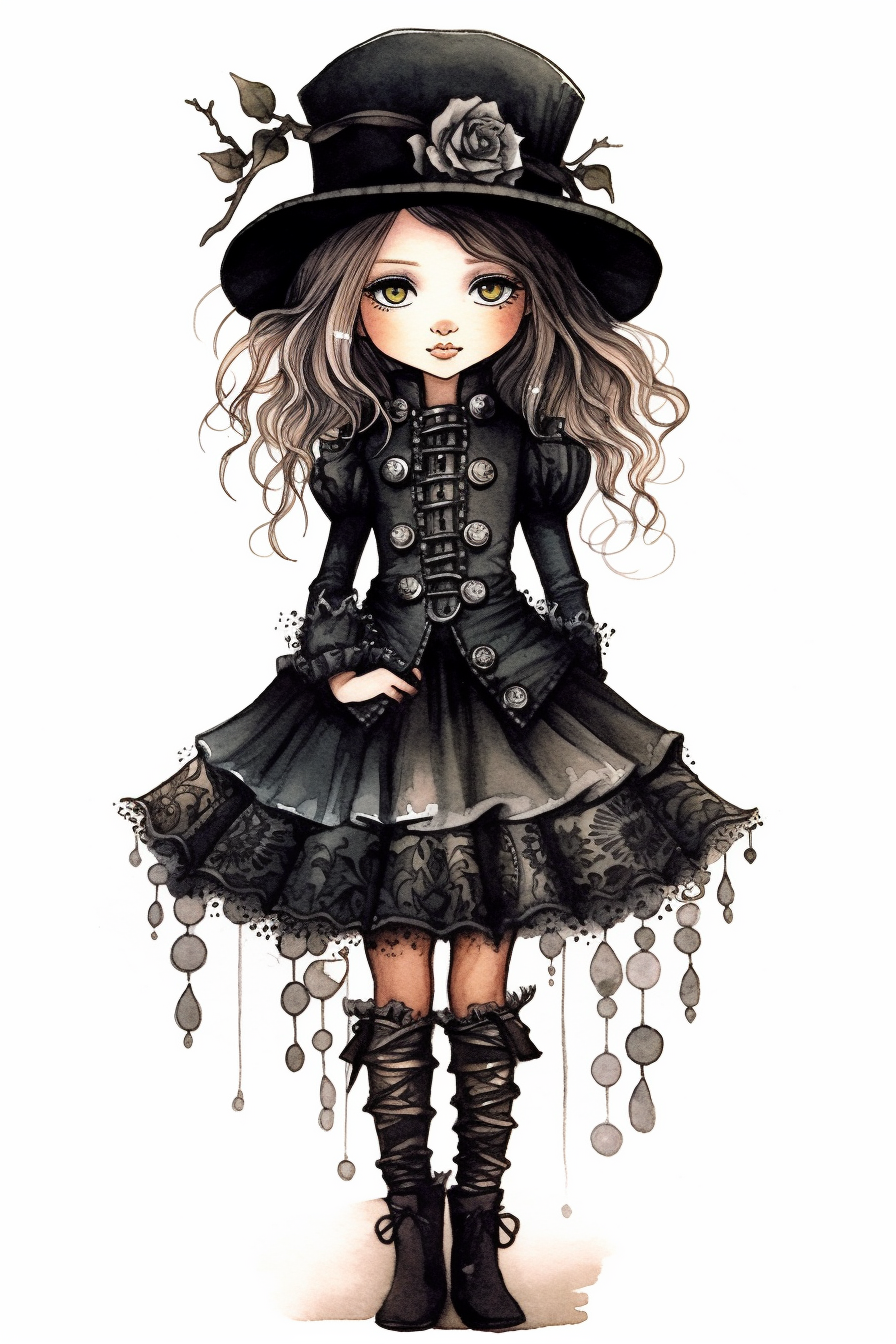 watercolor mixed media goth steampunk girl entire body in goth ...