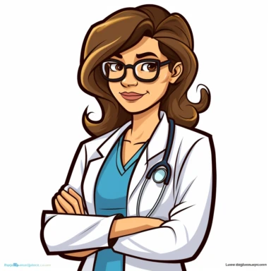 cartoon clipart of a female medical professional doctor, simple, only 5 colors, white background, calm looking, serious looking