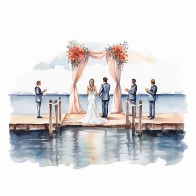 watercolour wedding ceremony on the water, clipart on white background, highly detailed, professional color gradation, clean sharpness