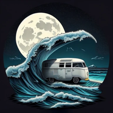 Create a mesmerizing image of a van navigating through a mystical wave, surfboards poised for action, with a magical full moon casting its luminous glow, contrasting beautifully against a white canvas, mystical, illustration style, white background, clipart, PNG pure white background, high resolution, hyper detailed, best quality, high detailed illustration