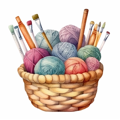 Watercolor Knitting and Crochet Tools in Wicker Basket. Wooden Knitting needle, Balls of Wool, Skein, Crochet Hook. Hand drawn clip art set, elements isolated for Knitter, Needlework store, Yarn shop