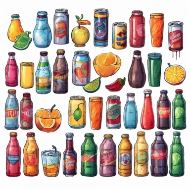 watercolor, Cold drinks set. Soda water, sweet fizzy beverages, fruit cocktails, juices, and lemonades in glass and plastic bottles, aluminum cans, and tins. png Full body realistic cartoon in 32K UHD cute. 15 cm thick outline. Black color. There was no shadow on the ground. 8k with realistic watercolors and detailed illustrations. PNG clipart, transparent white background