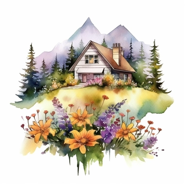 watercolor cottage house wildflowers clipart, far away mountains, subdued colors