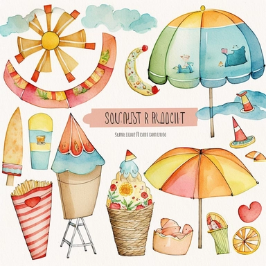 Please create a series of watercolor and pencil drawing clipart illustrations featuring different items related to summer. Each illustration should be drawn in a charming and playful style that captures the beauty and vibrancy of the season. Items to include can be beach umbrellas, flip flops, sunglasses, ice cream cones, sandcastles, and seashells. Please use a combination of watercolor and pencil drawing techniques to create a unique and artistic look. Additionally, please incorporate some gol